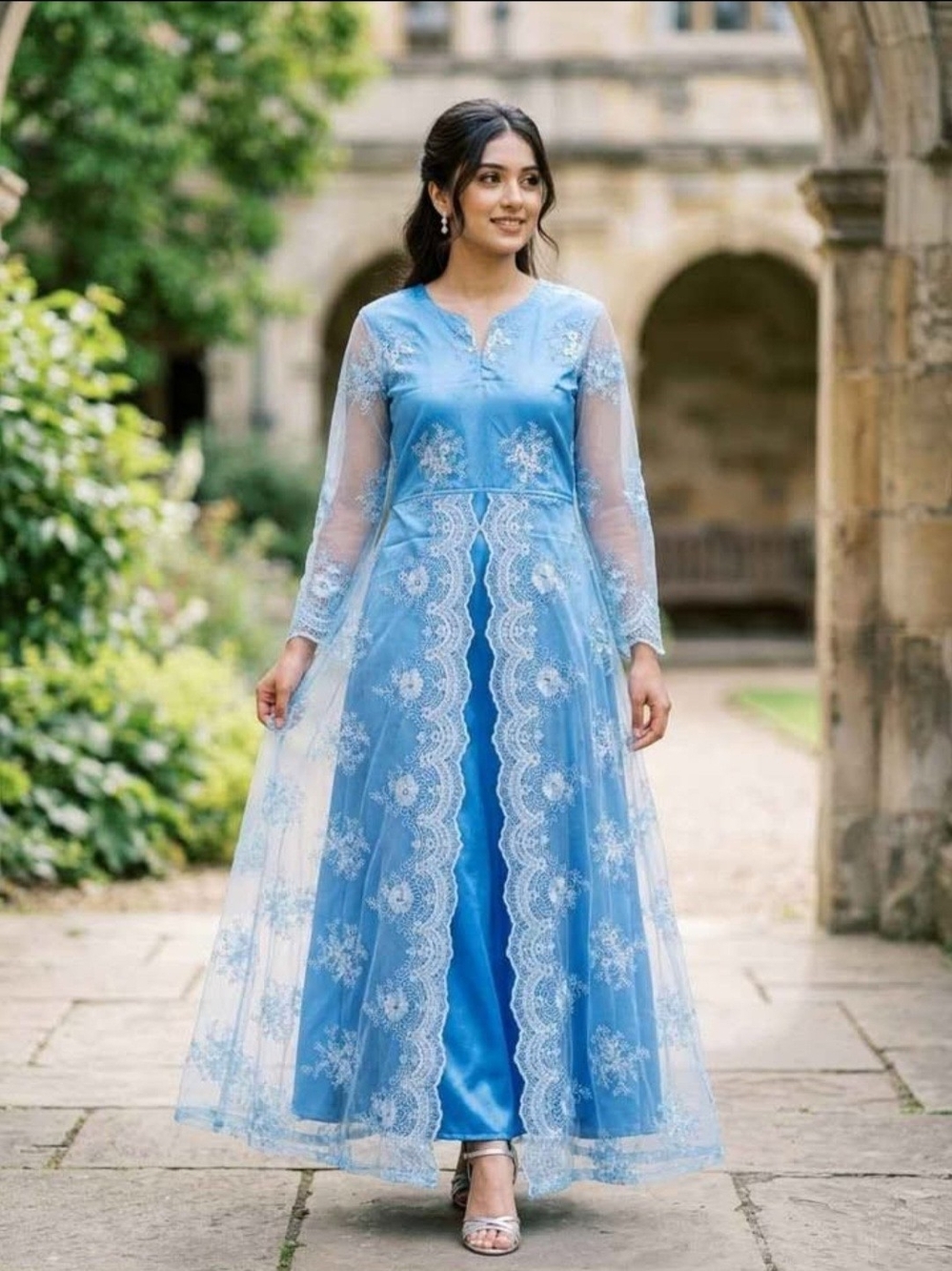 Elegant Blue Lace Overlay Women's Dress